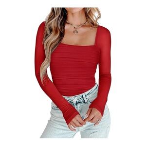 Pinkm Style Red Sheer Mesh Ruched Long Sleeve Bodysuit NWOT Size Large